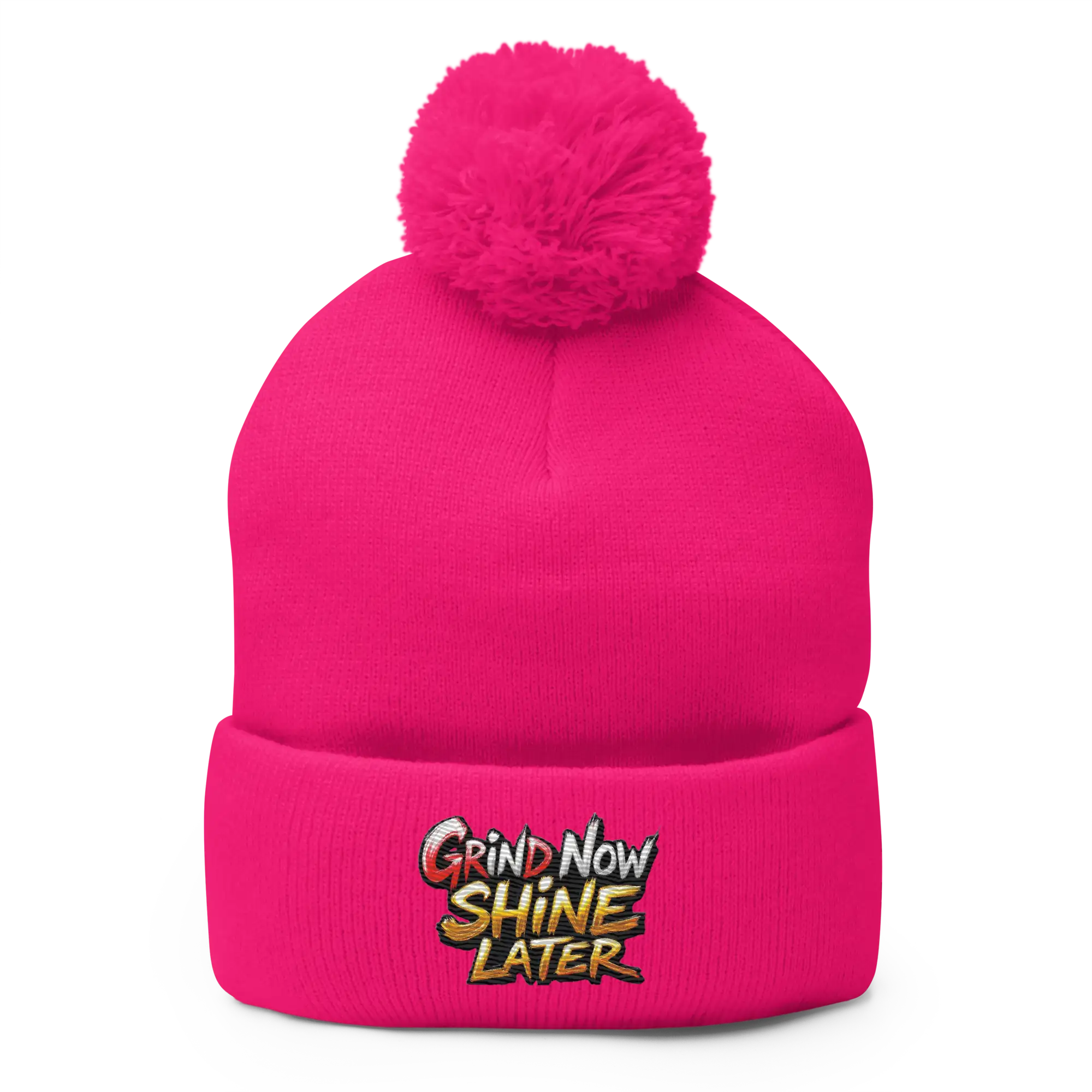 Pink pom-pom beanie.