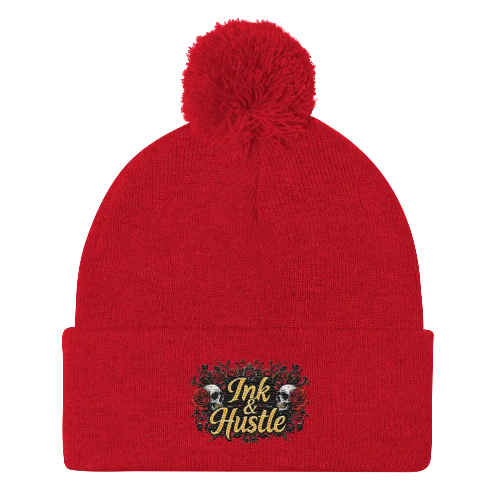 Red pom-pom beanie.