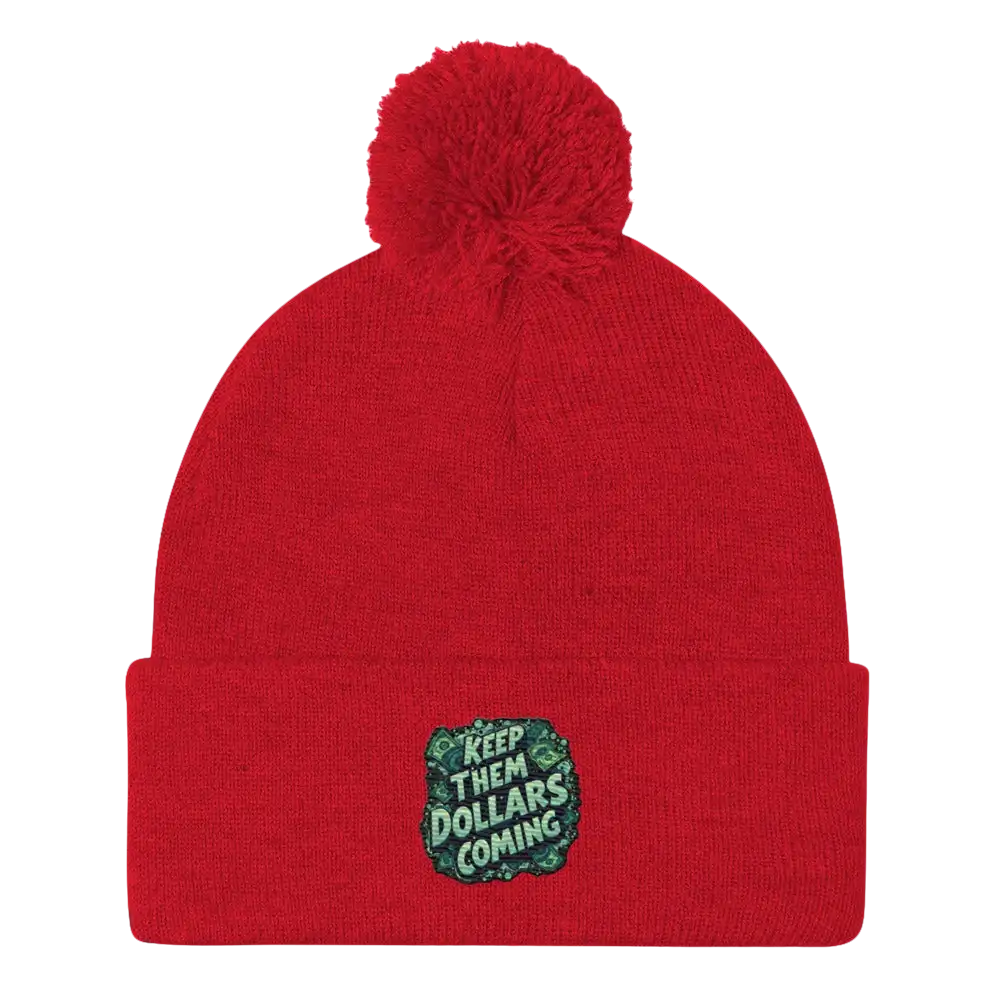 Red knit beanie with pompom.
