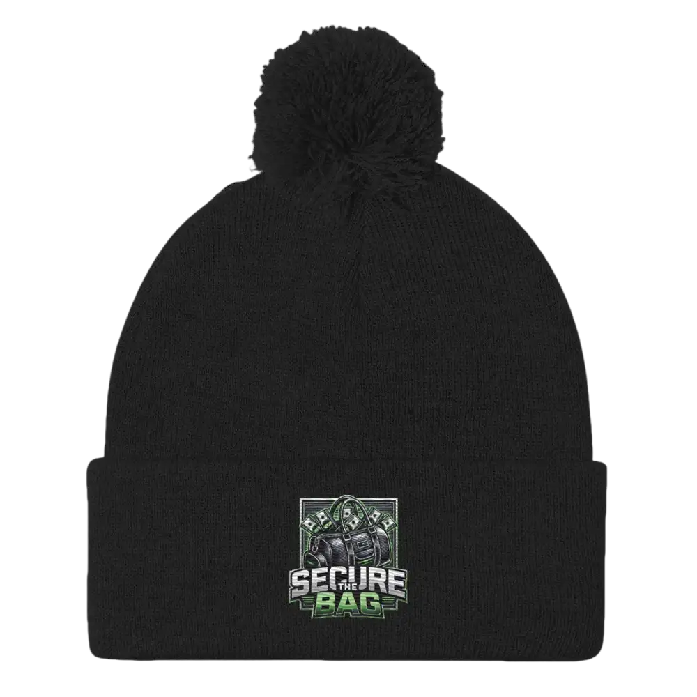 Black knit beanie with pompom.