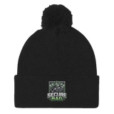 Black knit beanie with pompom.