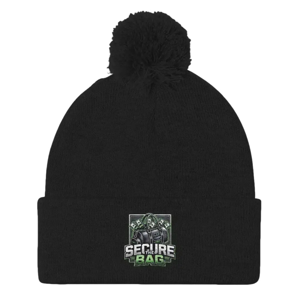Black knit beanie with pompom.