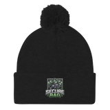 Black knit beanie with pompom.