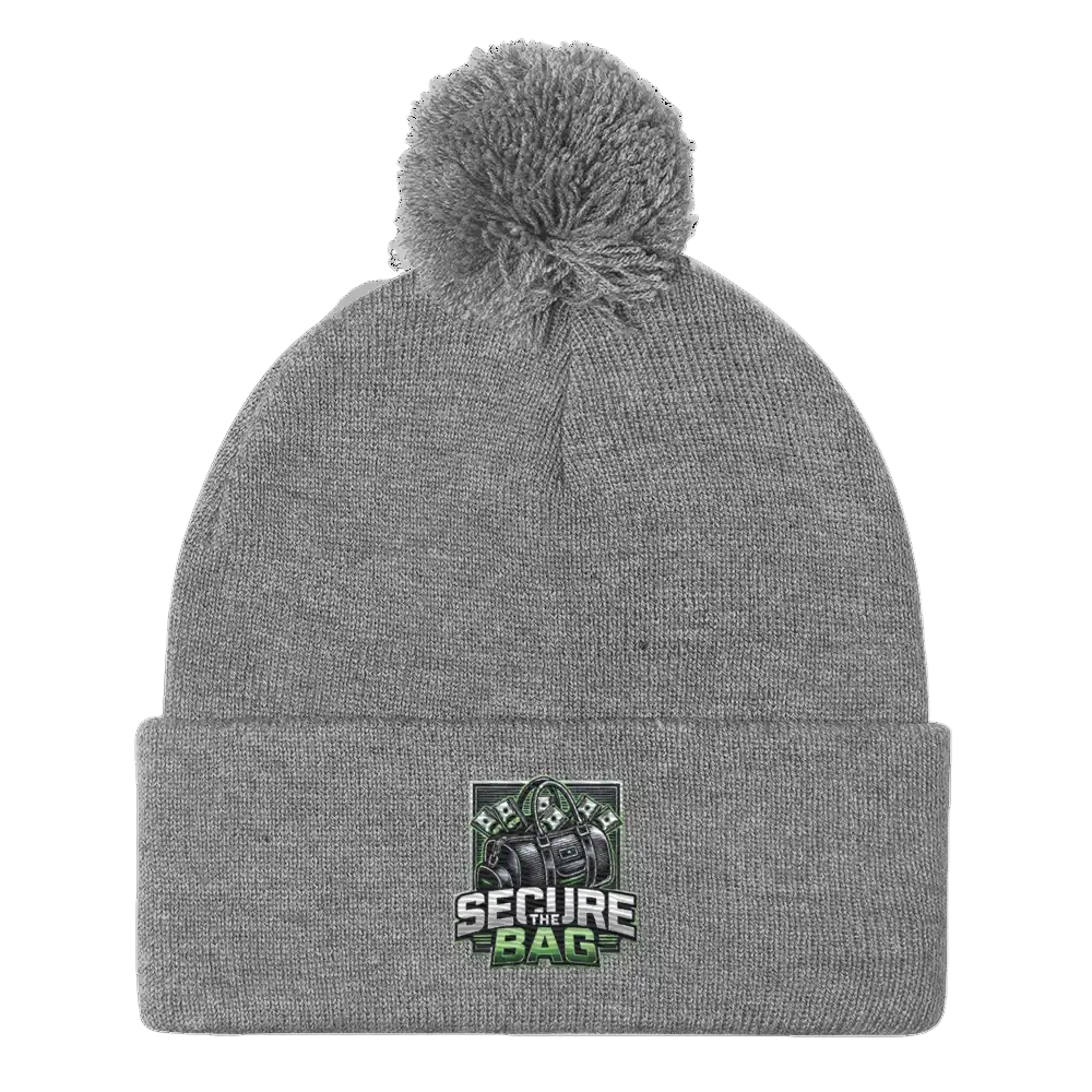 Gray knit beanie with pompom.
