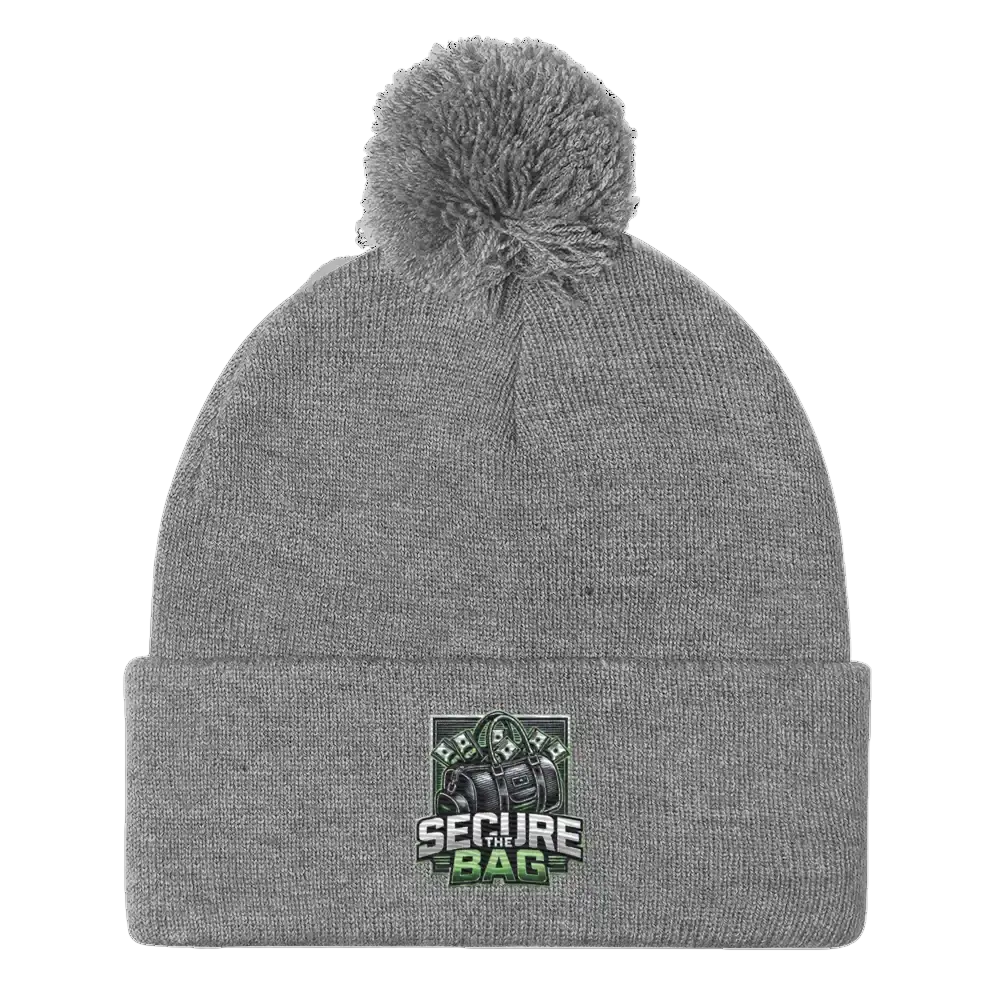 Gray knit beanie with pompom.