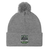 Gray knit beanie with pompom.