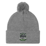 Gray knit beanie with pompom.