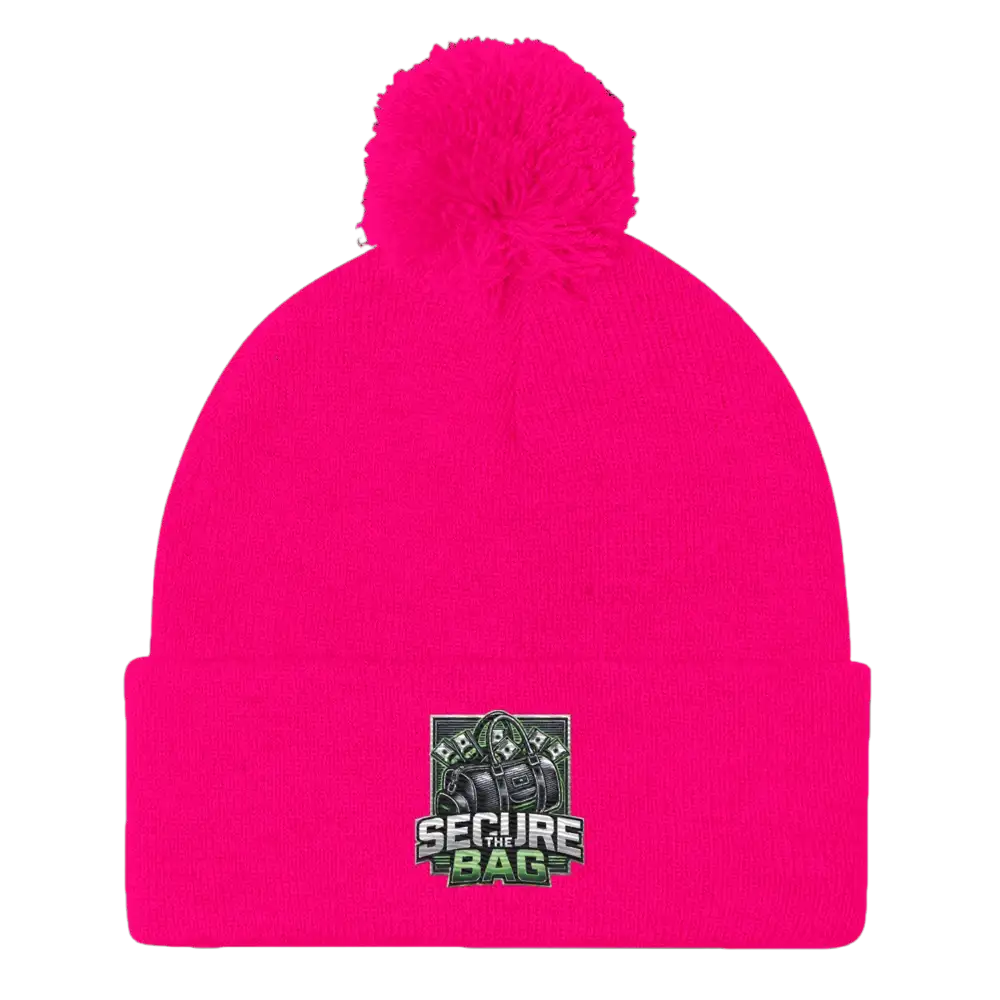 Bright pink beanie with pompom.