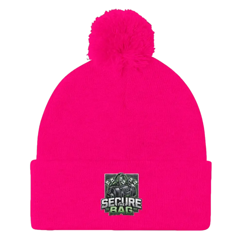 Bright pink beanie with pompom.
