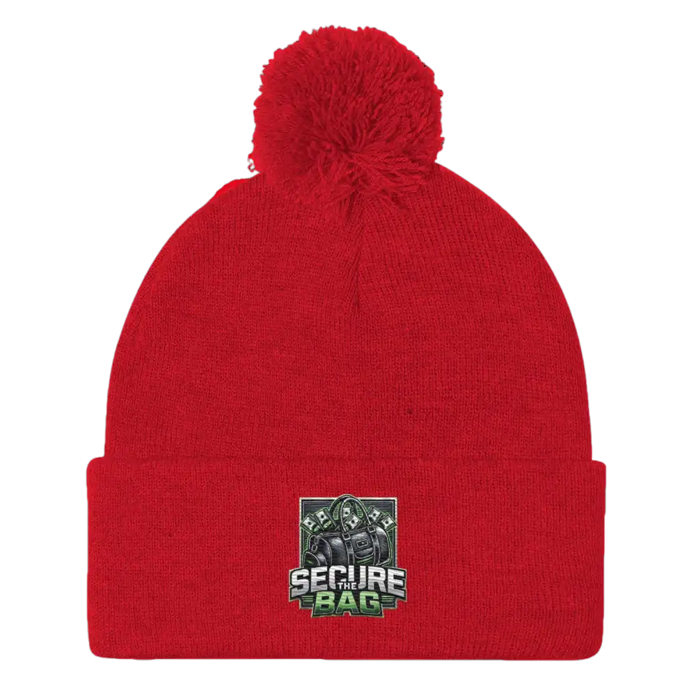 Red pom-pom beanie.