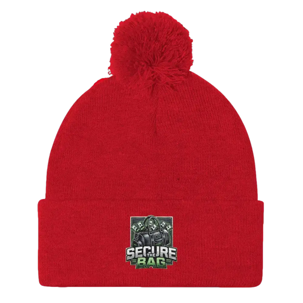 Red pom-pom beanie.