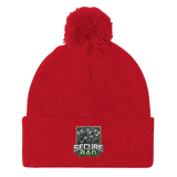 Red pom-pom beanie.