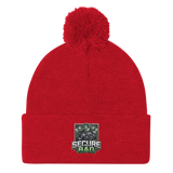 Red pom-pom beanie.