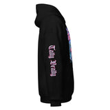 Black hooded sweatshirt.