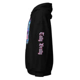 Black hoodie with colorful design.
