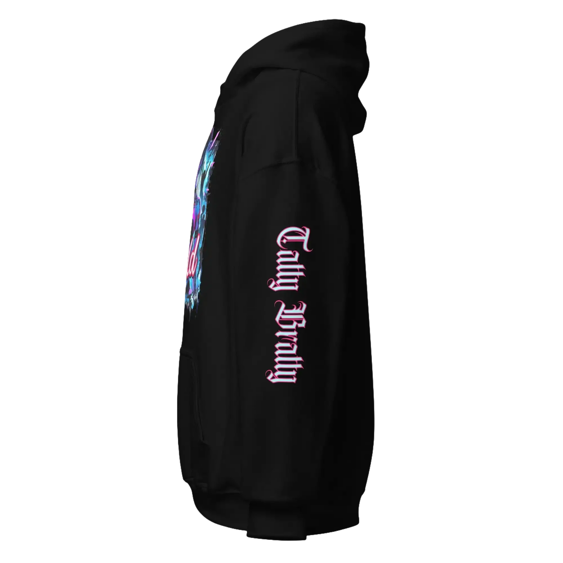 Black hoodie with colorful design.