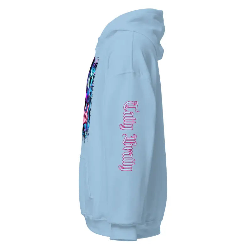 Light blue hoodie.
