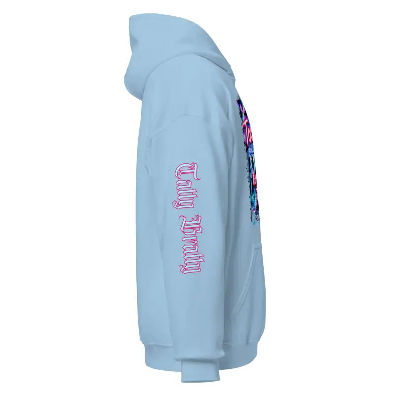 Light blue hoodie.