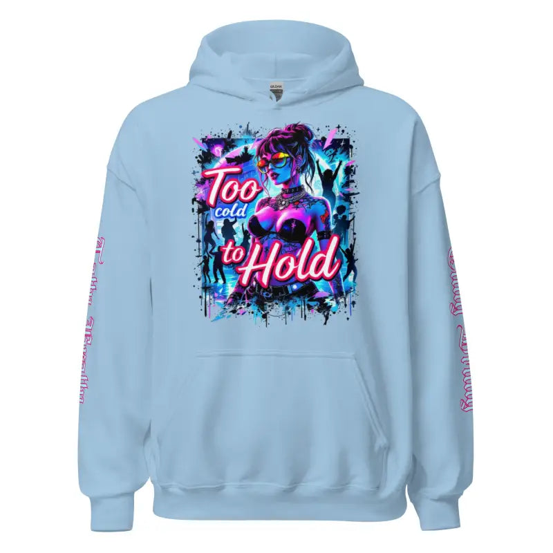 Light blue hoodie with graphic.