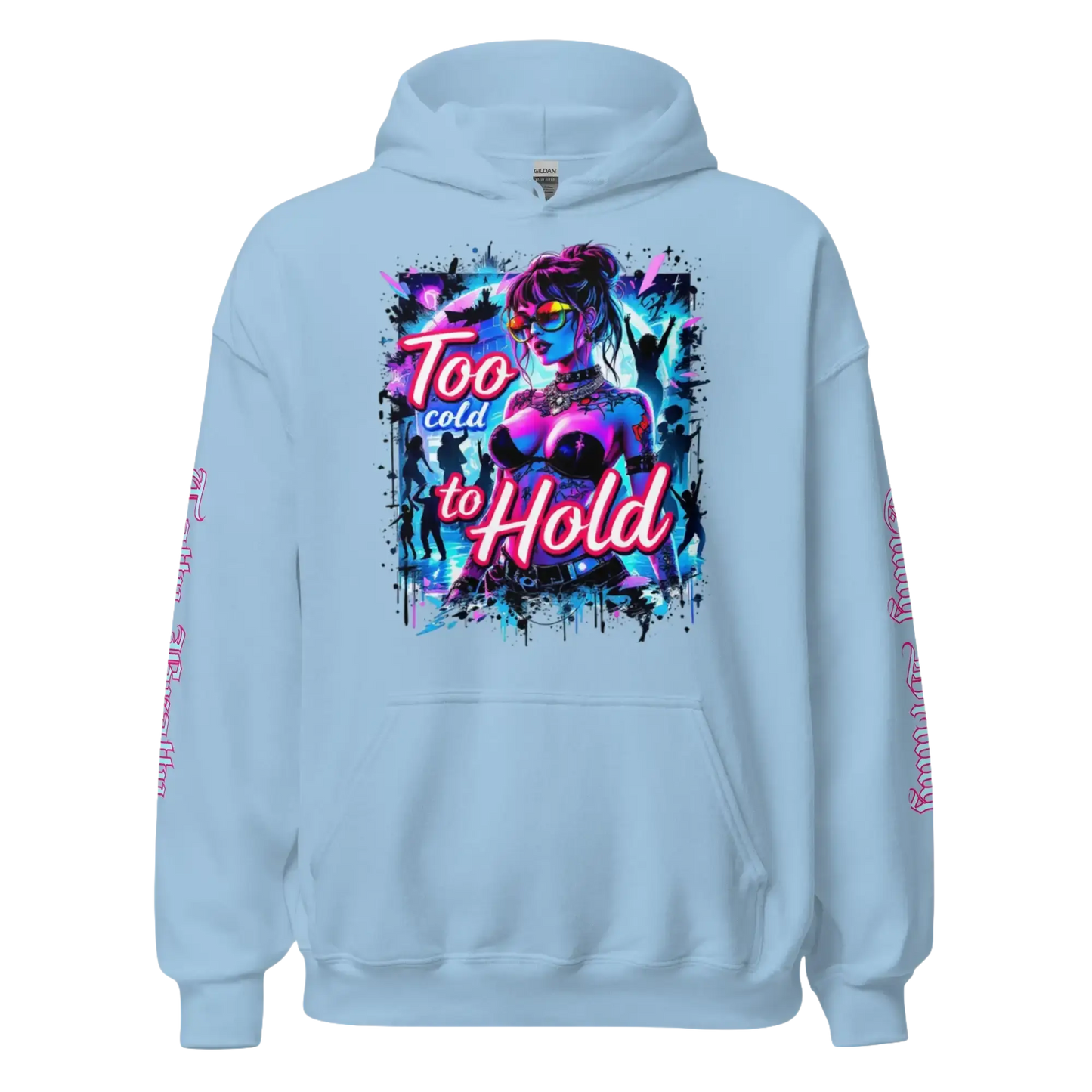 Light blue hoodie with graphic.