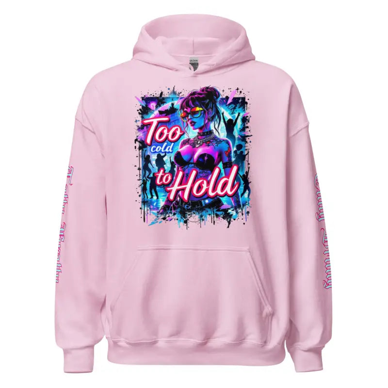 Pink hoodie with a colorful graphic.