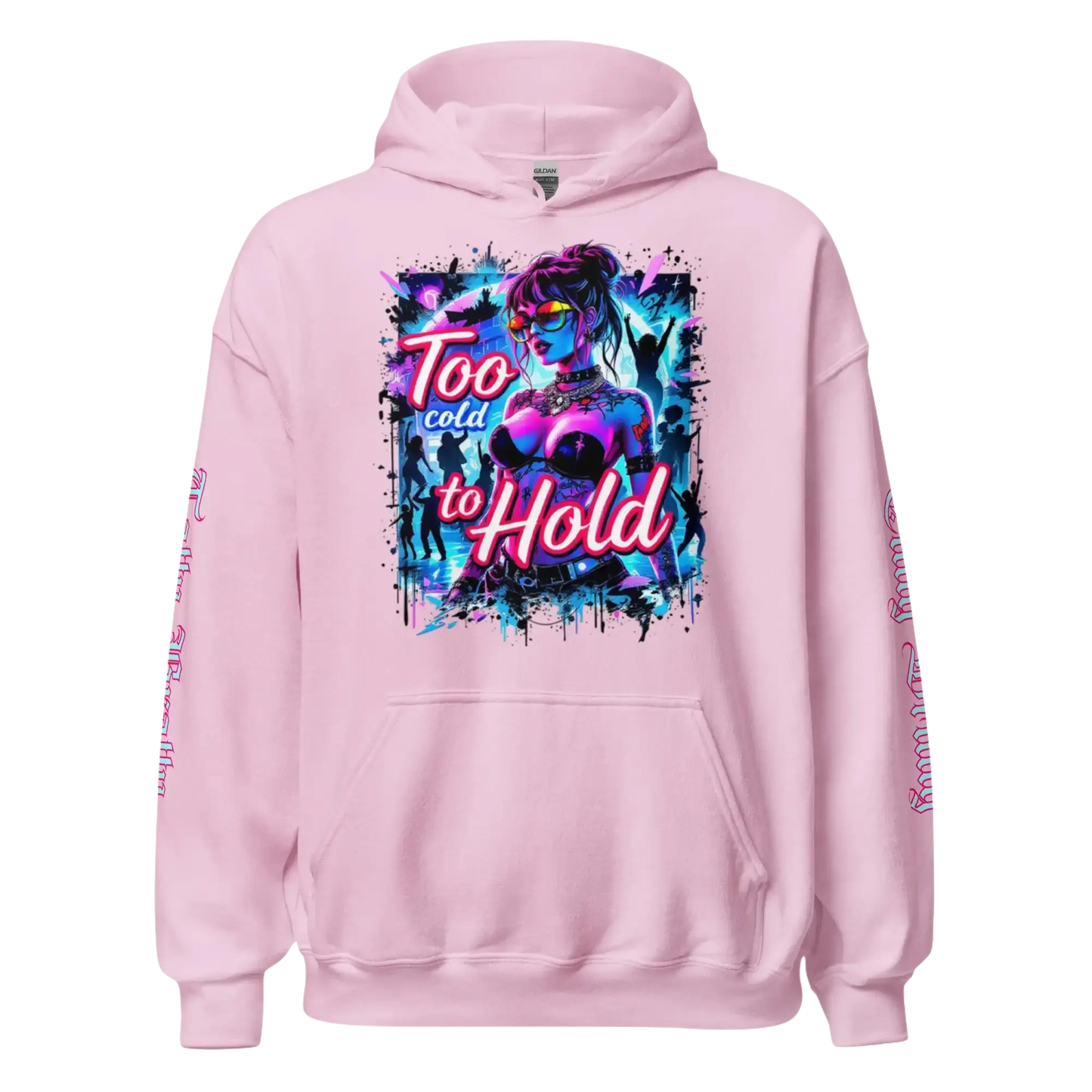 Pink hoodie with a colorful graphic.