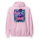 Pink hoodie with a colorful graphic.