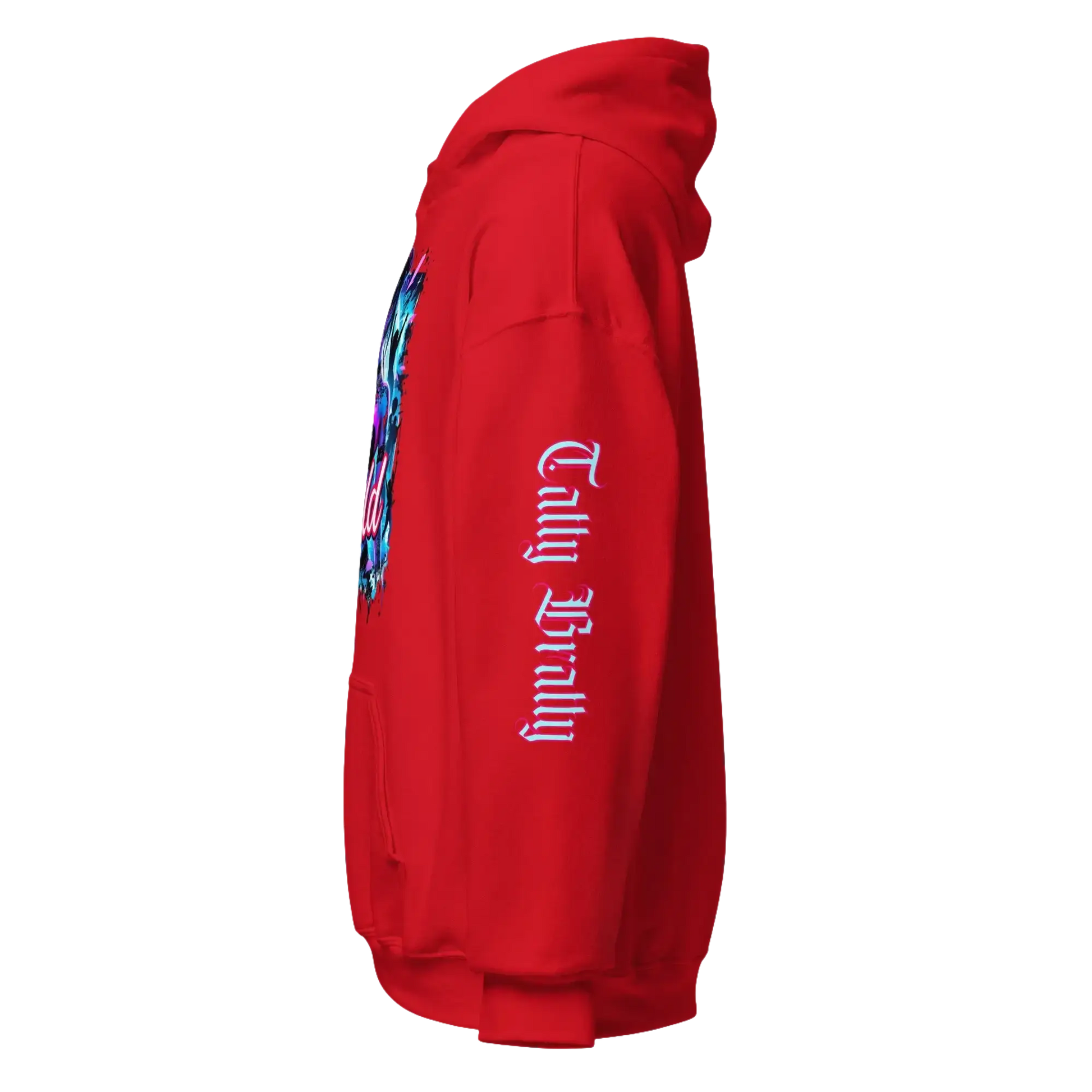 Red hoodie with graphic design.