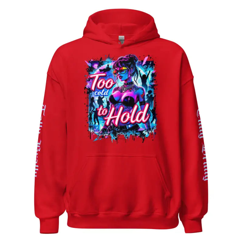 Red hoodie with a graphic print.