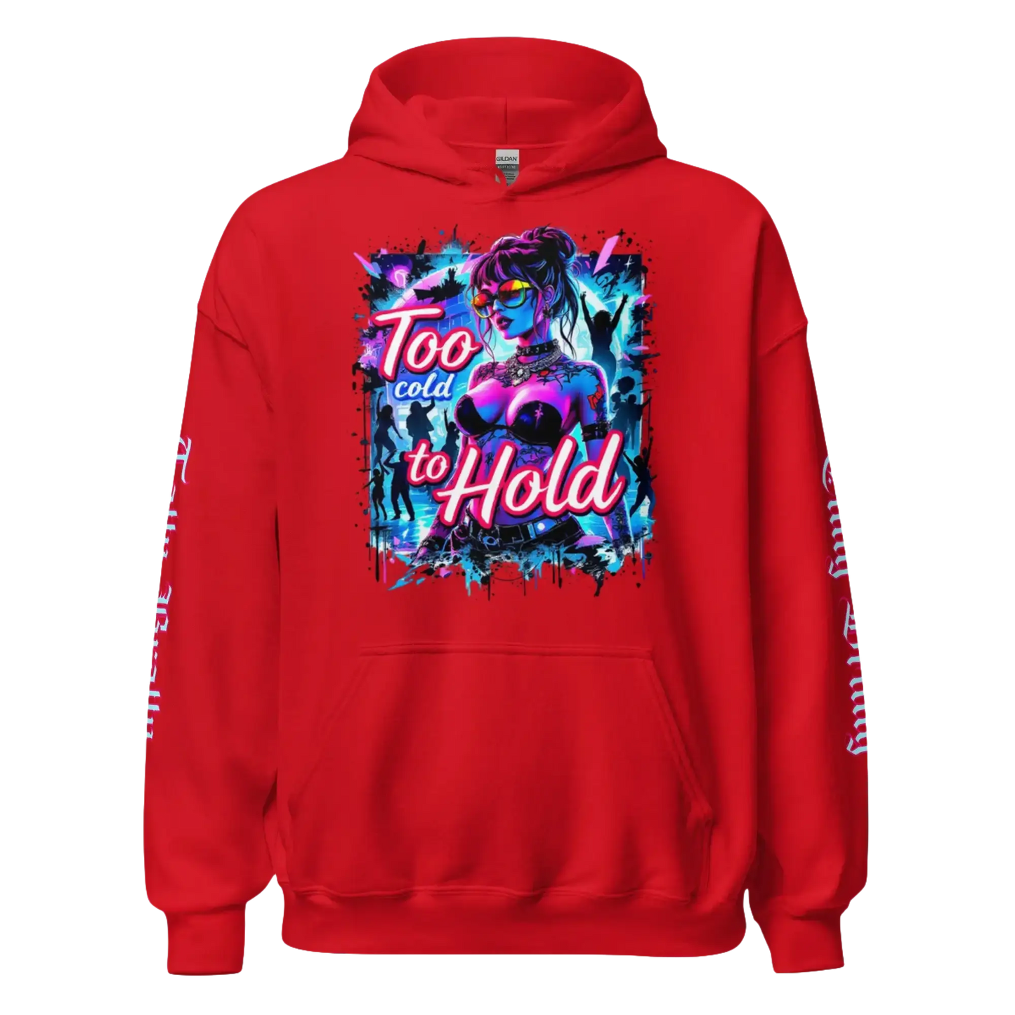 Red hoodie with a graphic print.