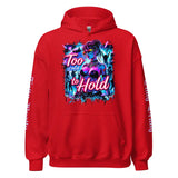 Red hoodie with a graphic print.