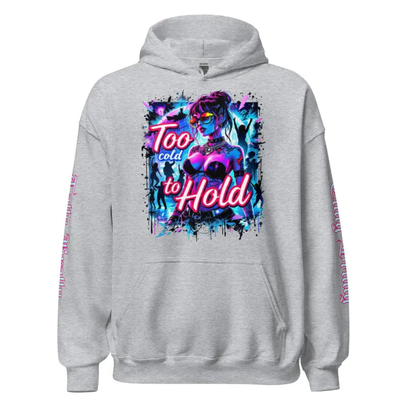 Gray hoodie with graphic design.