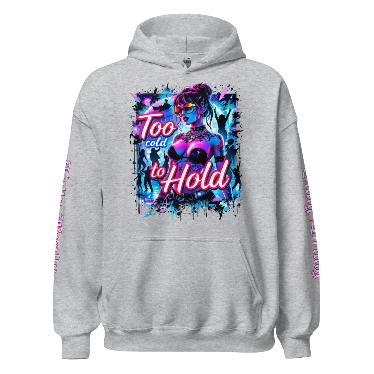 Gray hoodie with graphic design.