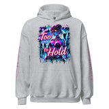 Gray hoodie with graphic design.