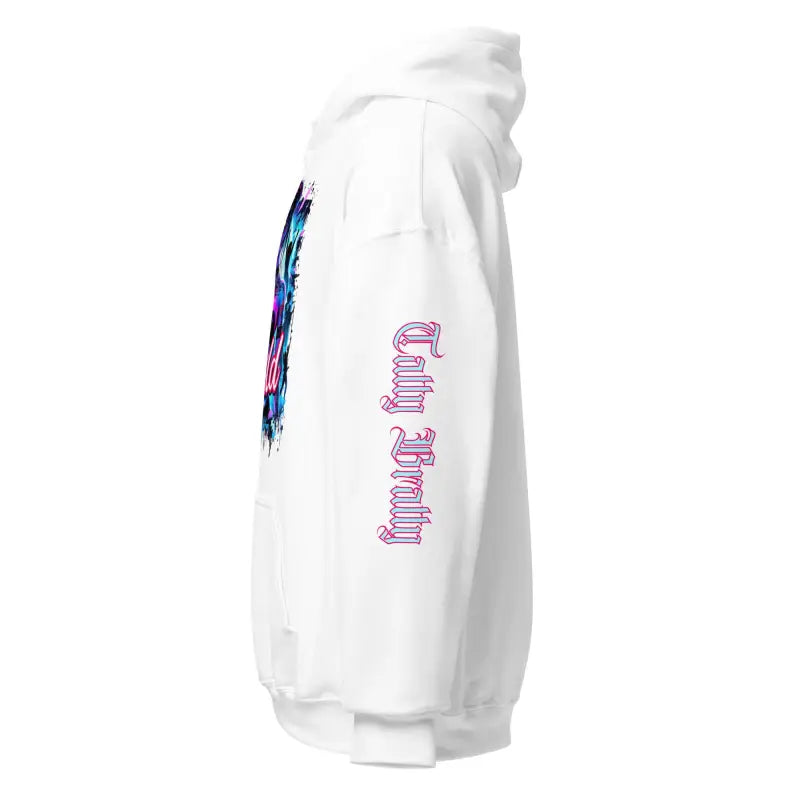 White hoodie with colorful design.