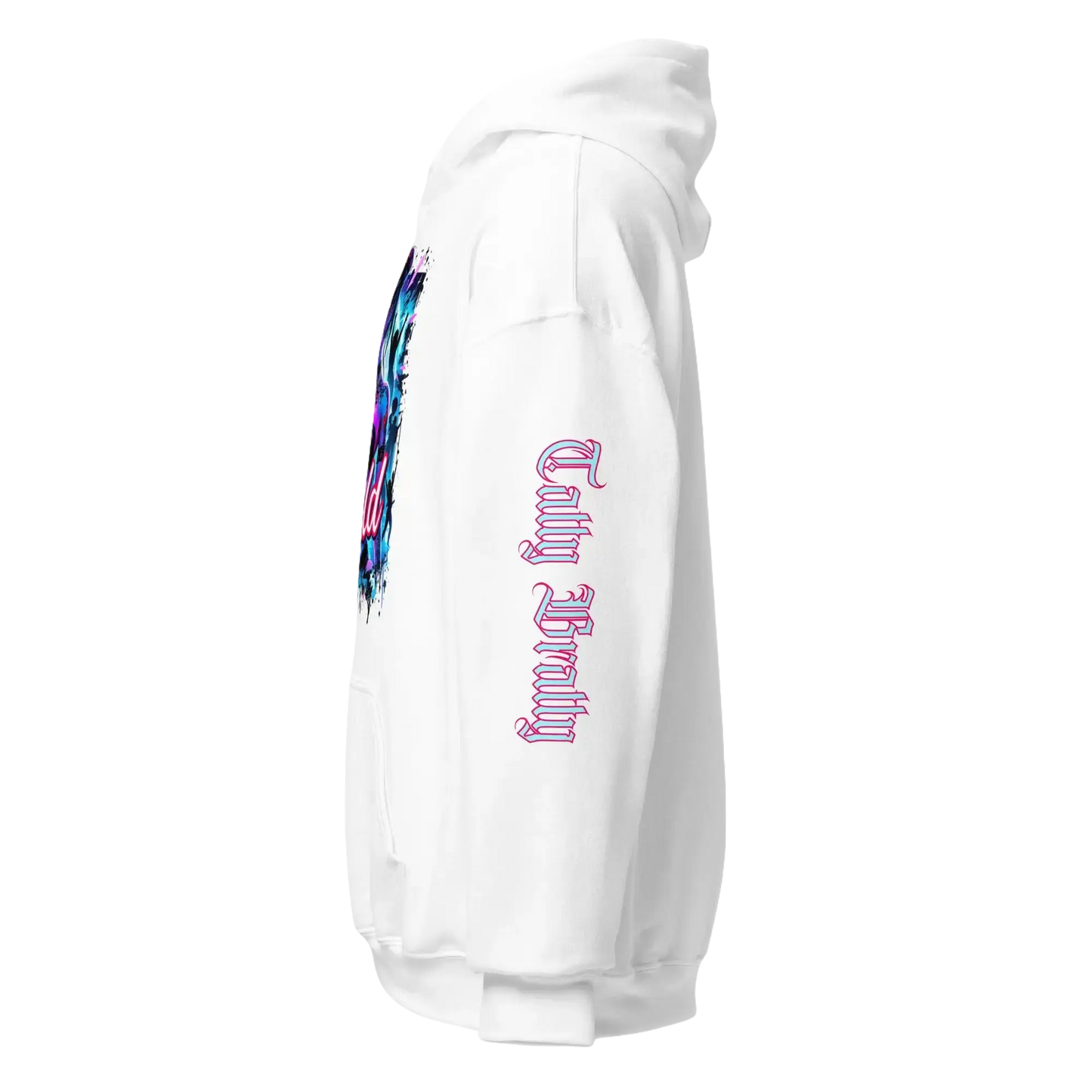 White hoodie with colorful design.