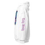 White hoodie with colorful design.