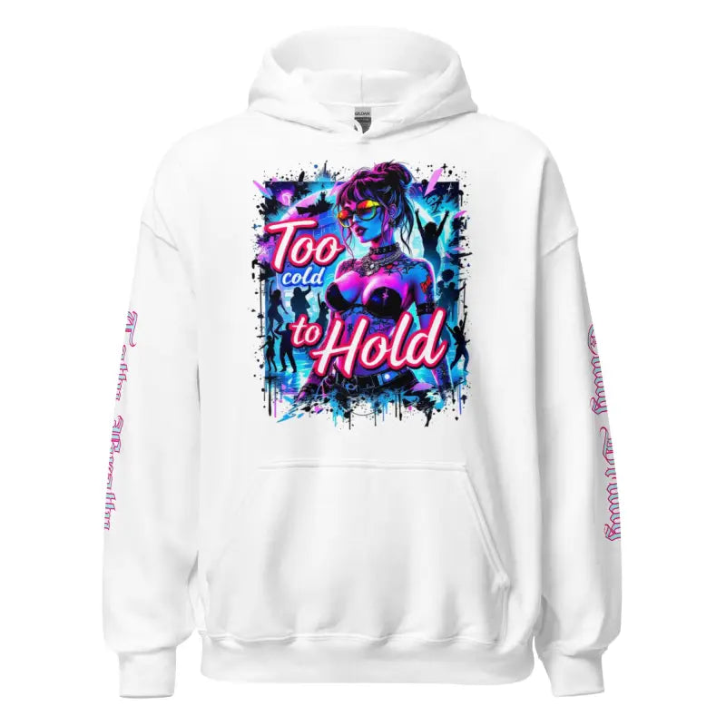 White hoodie with colorful graphic.