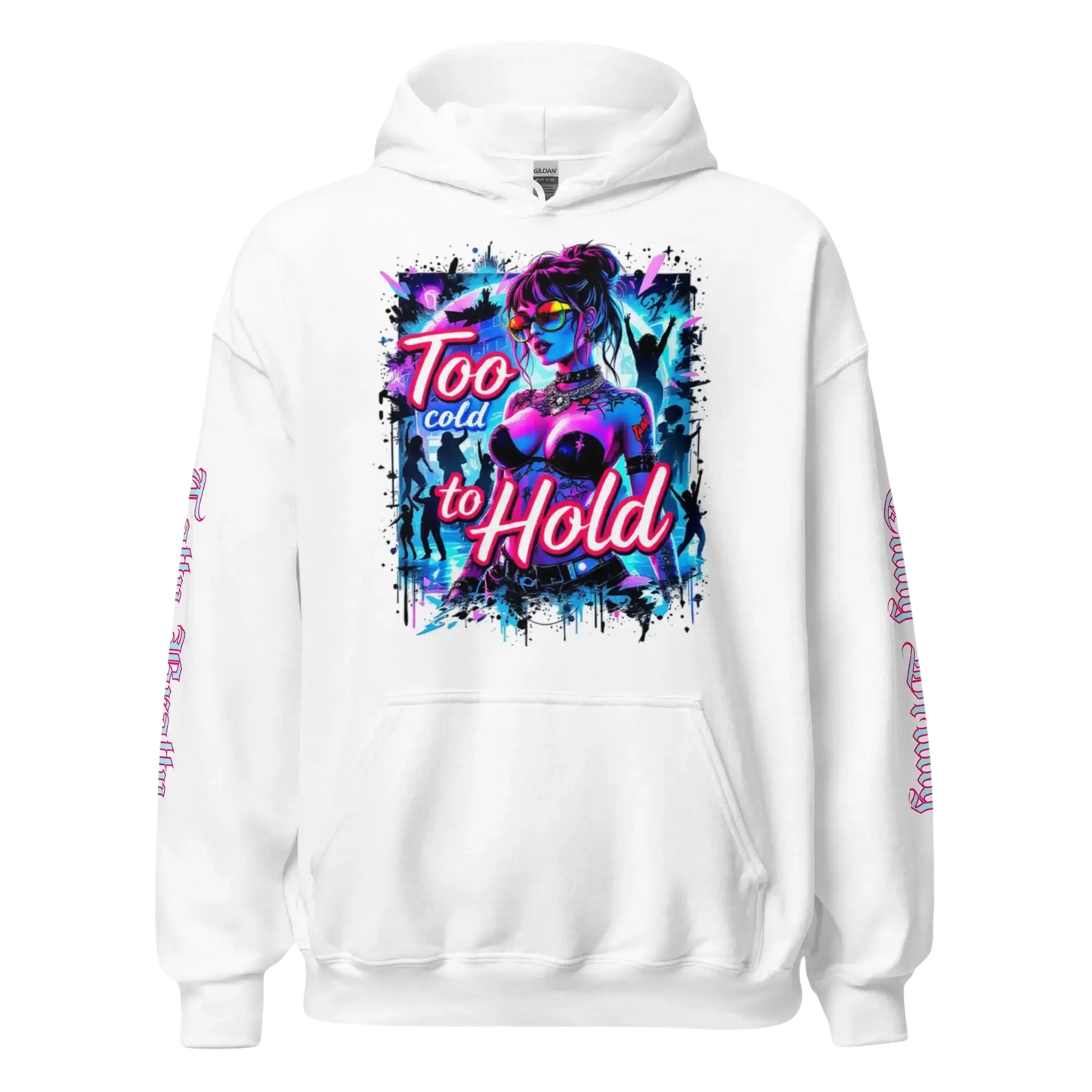 White hoodie with colorful graphic.
