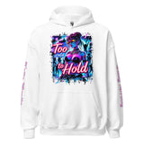 White hoodie with colorful graphic.