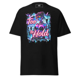 Black graphic t-shirt.