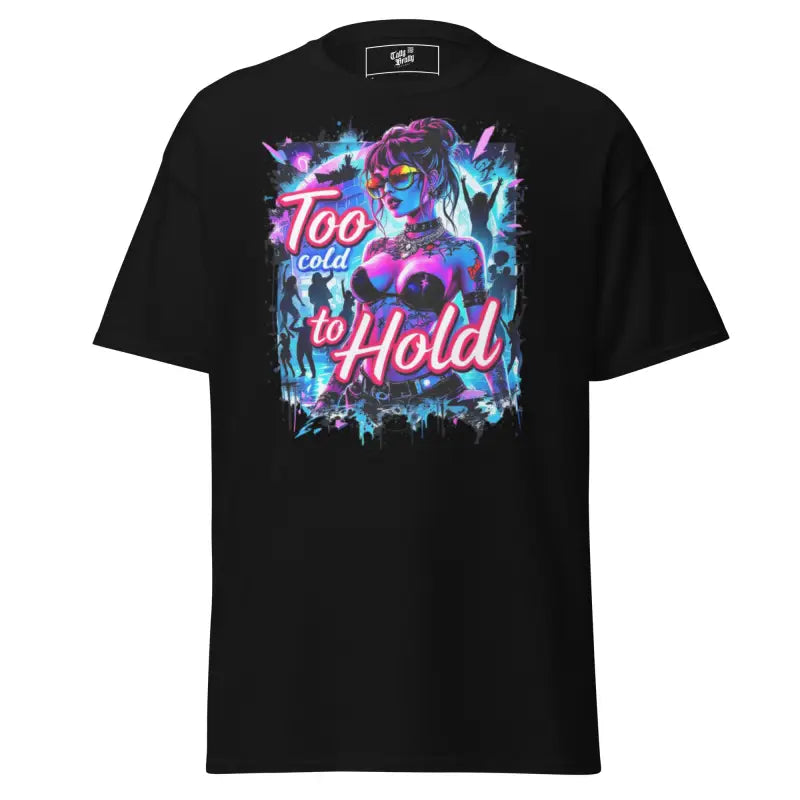 Black t-shirt with a colorful graphic.