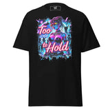 Black t-shirt with a colorful graphic.