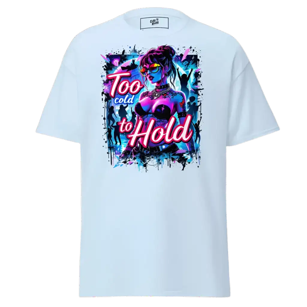 White t-shirt with a colorful graphic.