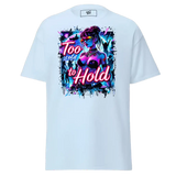 White t-shirt with a colorful graphic.