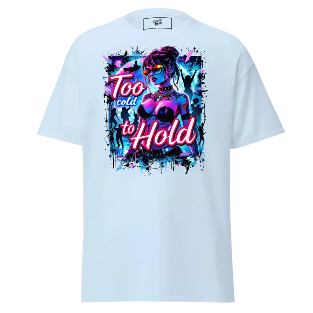 White t-shirt with a colorful graphic.
