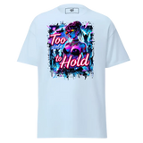 White t-shirt with a colorful graphic.