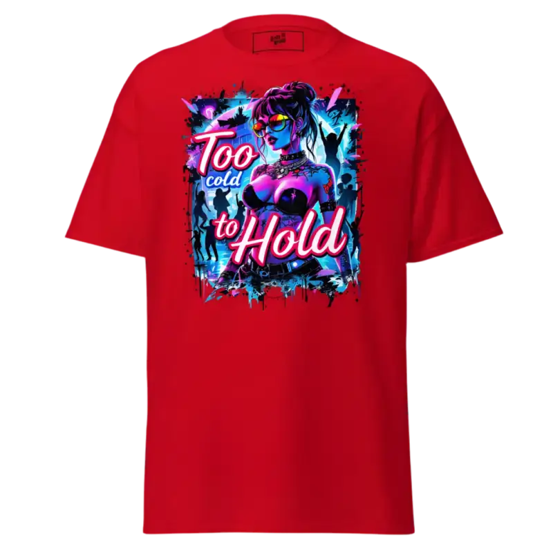 Red graphic tee.