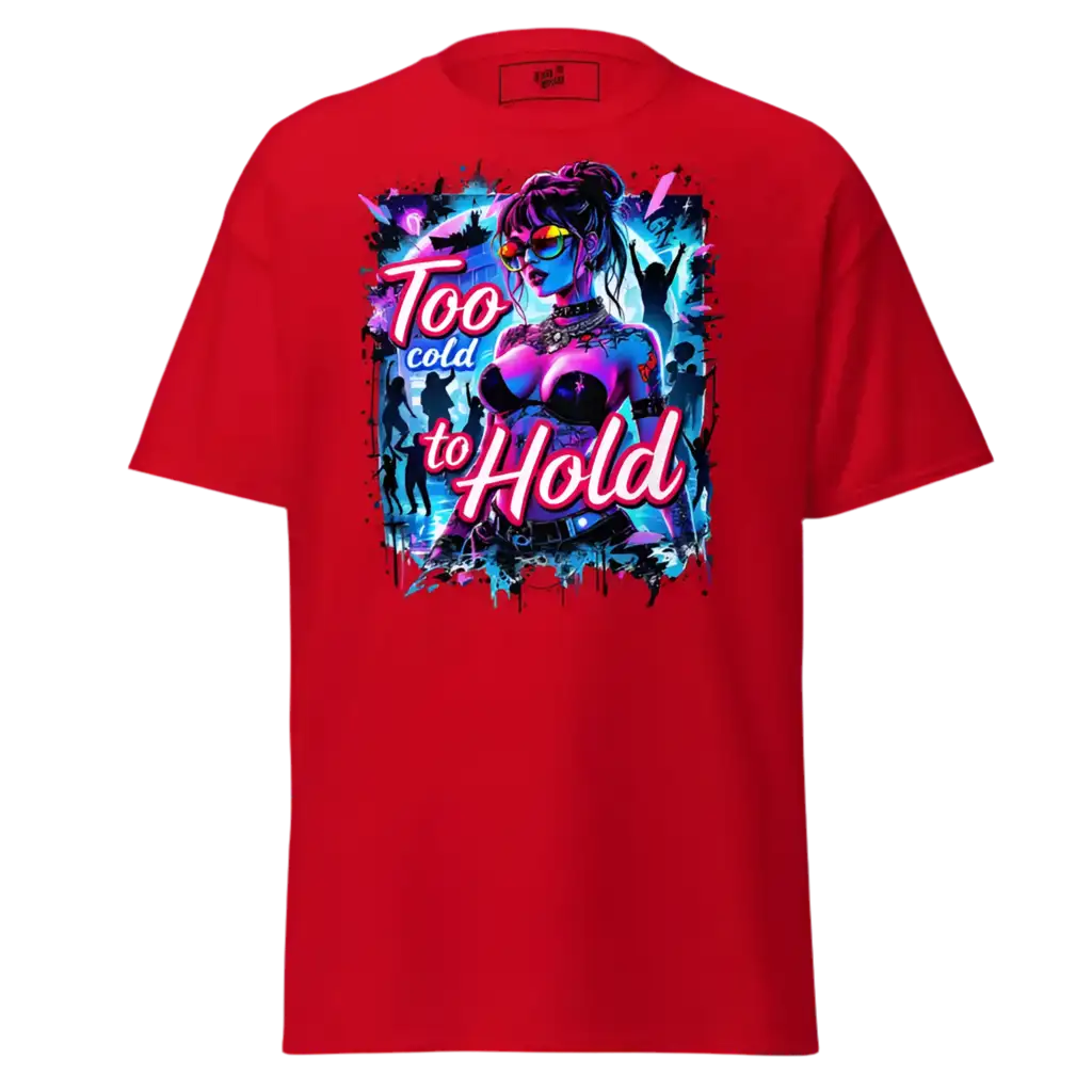 Red graphic tee.