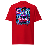 Red graphic tee.